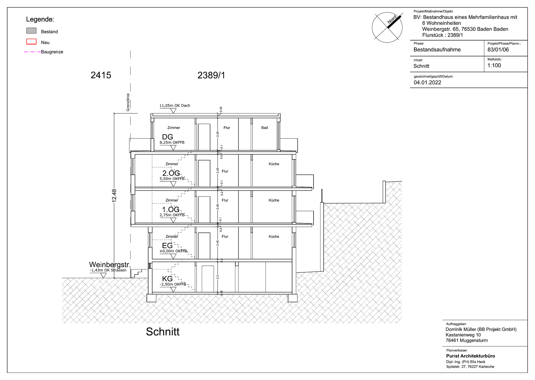 Gebäudeschnitt mit Kellergeschoss, Erdgeschoss, zwei Obergeschossen und Dachgeschoss